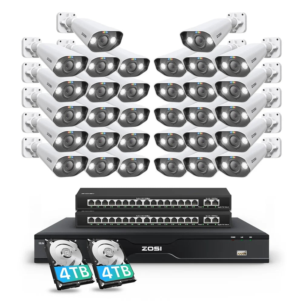 ZOSI 32Pcs AI Detection 2-Way Audio 8MP PoE Security Spotlight Cameras + 32 Channel 4K NVR with 8TB HDD - AU Plug - 1