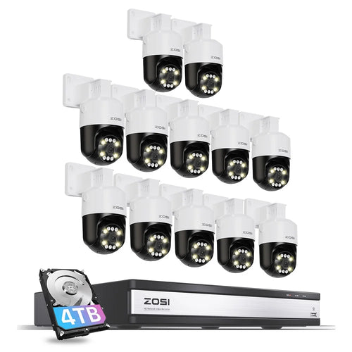 ZOSI C296 12Pcs 5MP 3K Outdoor Auto Tracking Two-way Audio PoE Cameras 16CH 8MP NVR with 4TB HDD - UK Plug - 1