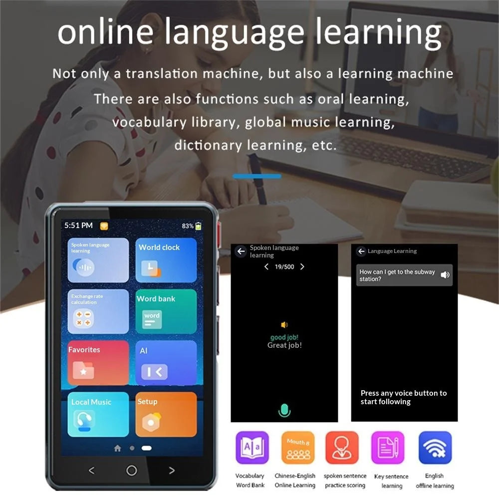 P40 Smart Voice Offline Translator Multilingual Translation Device with MP3 Player Multi-Functional for Travel Study - Black - 4