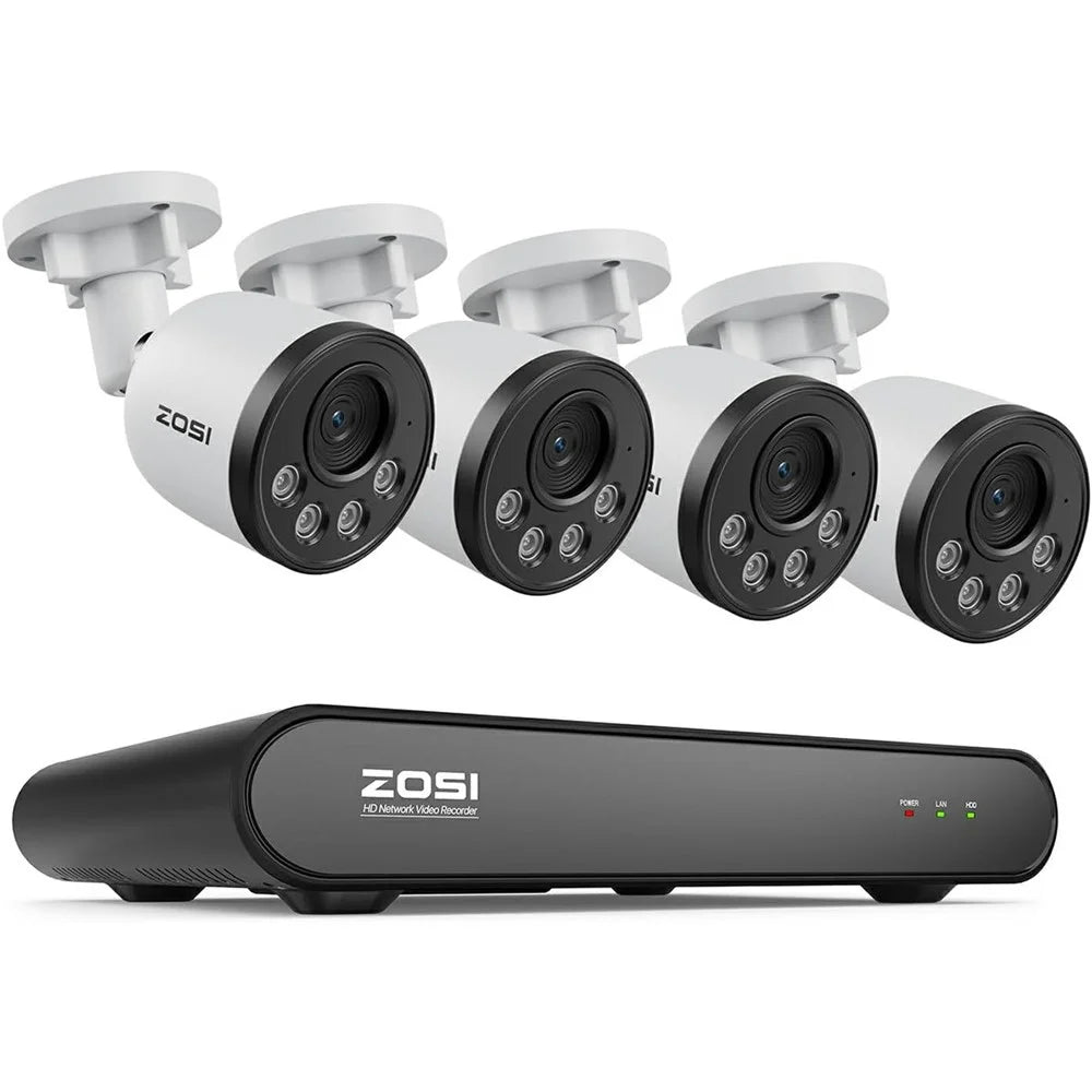 ZOSI PoE Security Camera System with 8CH 5MP NVR and 4Pcs HD Night Vision AI Person Vehicle Detection 4MP Security Camera for Home Office (No Hard Drive) - White - 1