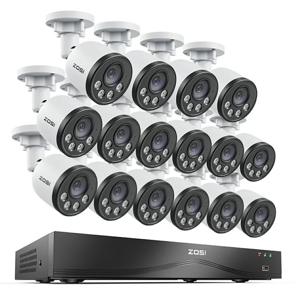 ZOSI PoE Security Camera System with 16CH 8MP NVR and 16Pcs Smart Human Vehicle Detection 100ft Night Vision 4MP Waterproof IP Cameras (No Hard Drive) - White - 1