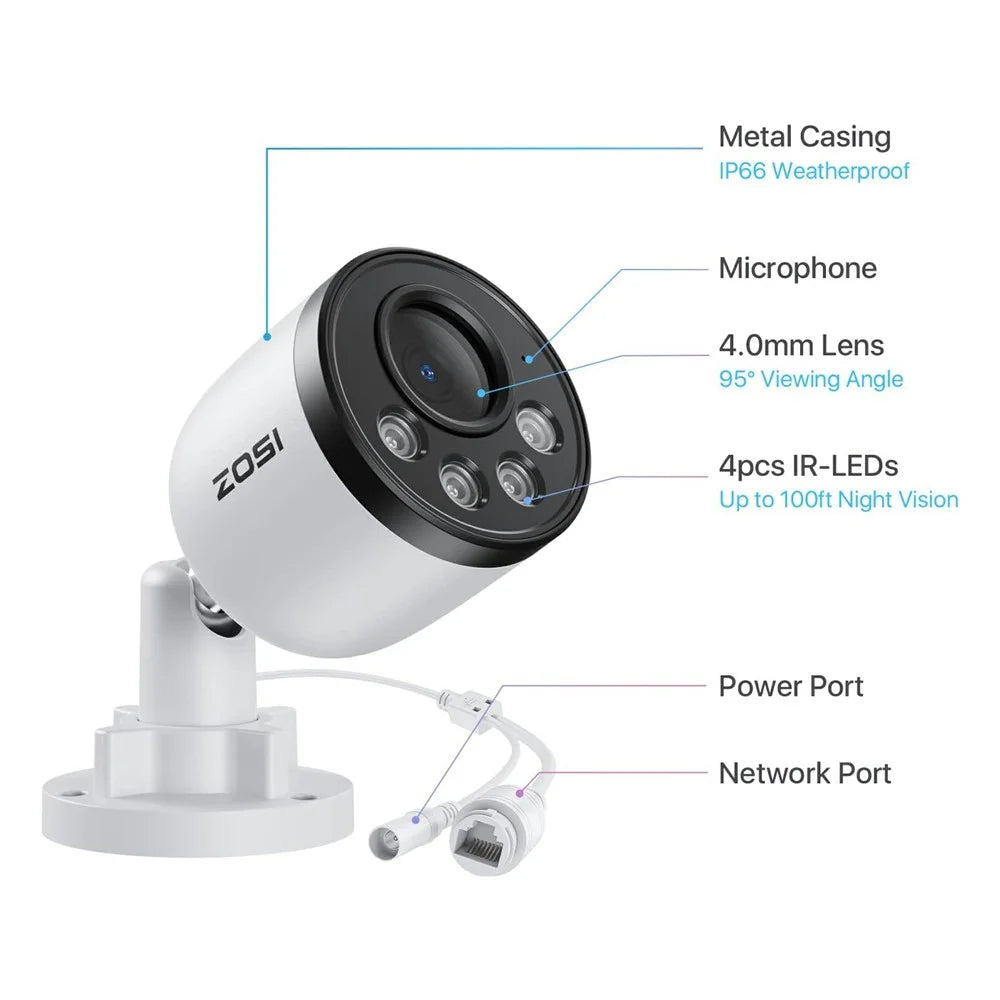 ZOSI ZG1804E 2Pcs 2.5K PoE Add-On Security Cameras Compatible with Zosi PoE NVR 4MP Outdoor IP66 Waterproof Night Vision Human Detection IP Cameras - White - 7
