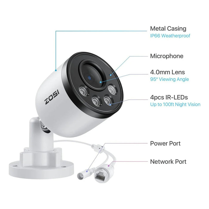 ZOSI ZG1804E 4Pcs 4MP PoE Security Cameras Compatible with Zosi PoE NVR 2.5K Super HD 100ft Night Vision IP66 Waterproof IP Cameras for Outdoor - White - 7