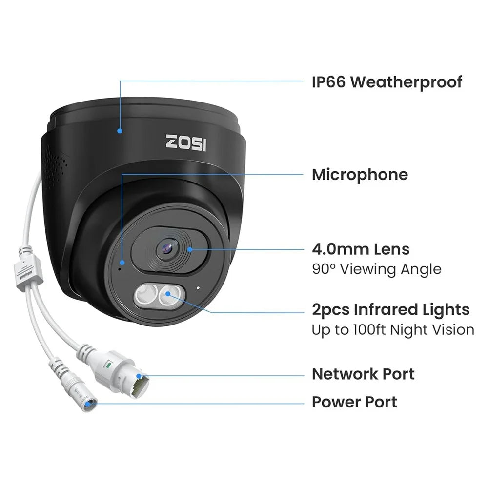 ZOSI C220 4MP 2.5K Outdoor PoE Security Camera Compatible with Zosi PoE NVR 100ft Night Vision AI Human Detection Two-Way Audio IP Camera - Black - 7