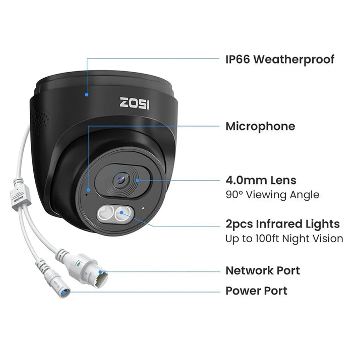 ZOSI C220 4MP 2.5K Outdoor PoE Security Camera Compatible with Zosi PoE NVR 100ft Night Vision AI Human Detection Two-Way Audio IP Camera - Black - 7