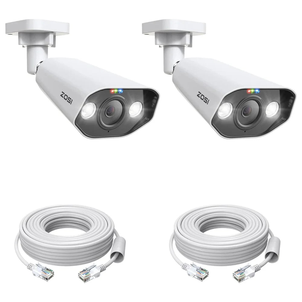 ZOSI 2Pcs 4K PoE Add-on Camera 8MP AI Human Vehicle Detection Waterproof Color Night Vision Security Bullet Cam - White - 1