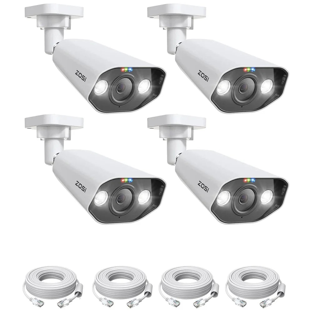 ZOSI 4Pcs 4K PoE Add-on Camera 8MP AI Human Vehicle Detection Waterproof Color Night Vision Security Bullet Cam - White - 1