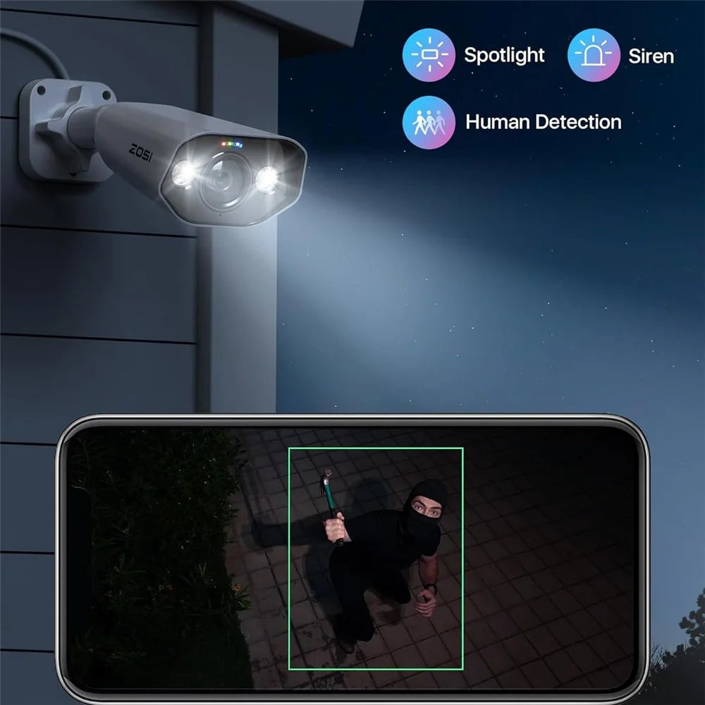 ZOSI 4Pcs 4K PoE Add-on Camera 8MP AI Human Vehicle Detection Waterproof Color Night Vision Security Bullet Cam - White - 5