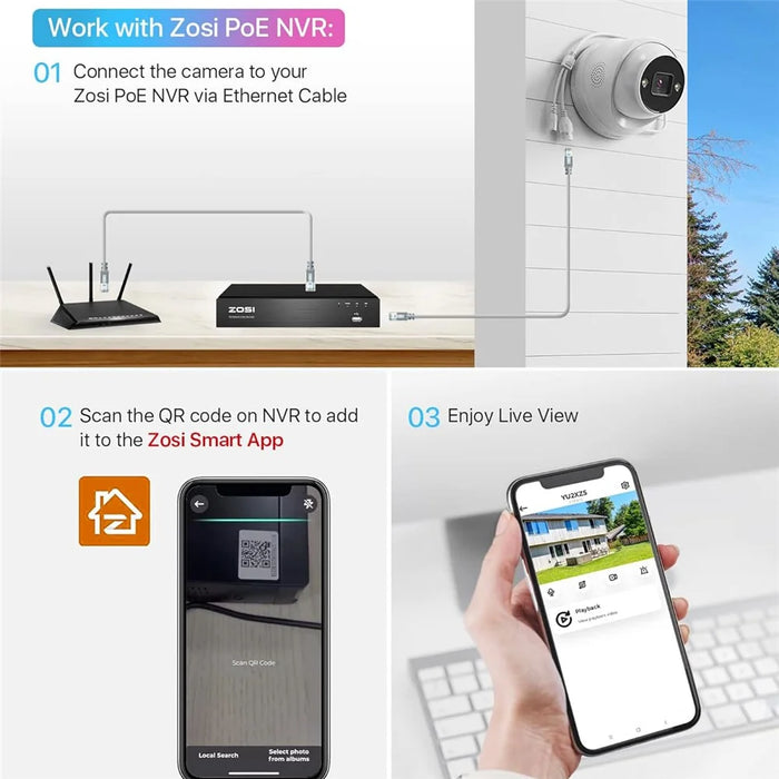 ZOSI 1Pc 4K PoE Add on Security Camera with Person Vehicle Detection Sound Light Alarm 2 Way Audio 8MP Dome IP Cam - White - 2