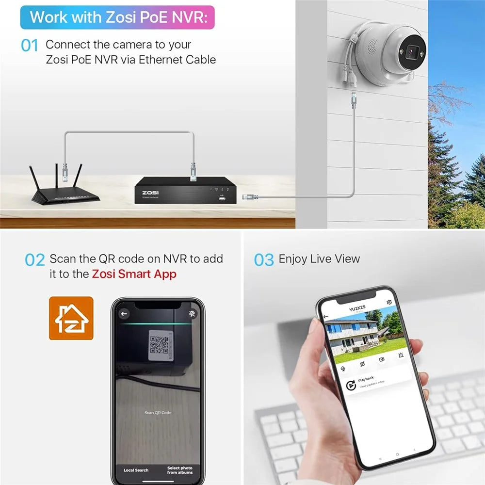 ZOSI 4Pcs 4K PoE Add on Security Camera with Person Vehicle Detection Sound Light Alarm 2 Way Audio 8MP Dome IP Cam - White - 2