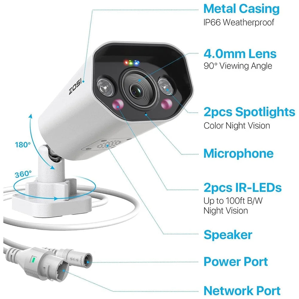 ZOSI 1Pc 5MP PoE Add-on Camera AI Person / Vehicle Detection 2 Way Audio Starlight Night Vision 3K Bullet IP Cam with Sound Light Siren - White - 2