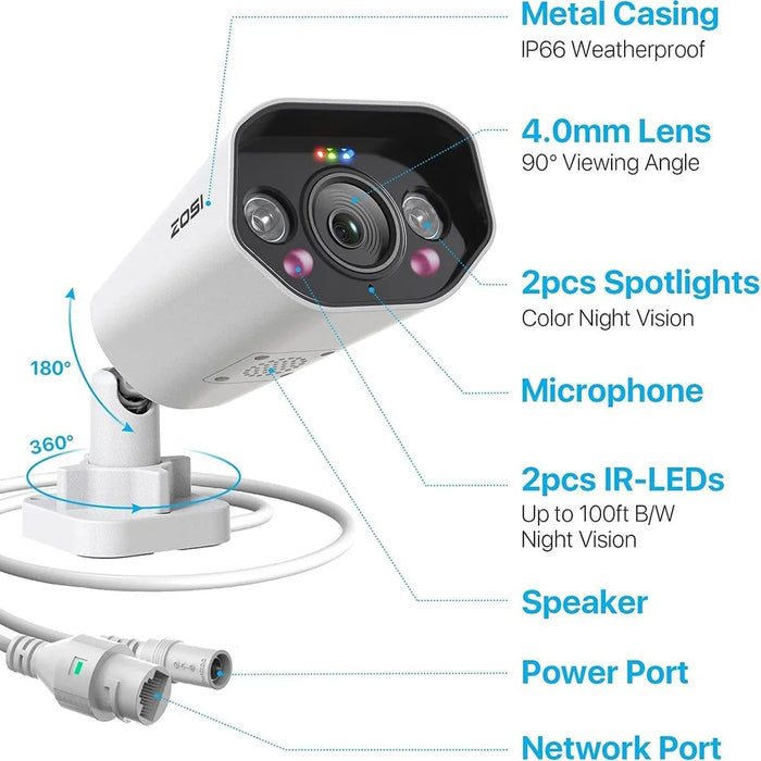 ZOSI 4Pcs 5MP PoE Add-on Camera AI Person / Vehicle Detection 2 Way Audio Starlight Night Vision 3K Bullet IP Cam with Sound Light Siren - White - 4