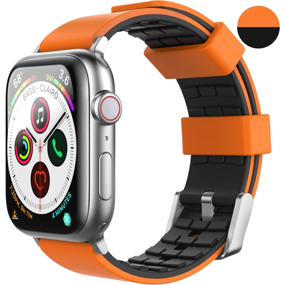 AHASTYLE WA11 Watch Band for Apple Watch Ultra 3 2 1 49mm / Series 11 10 46mm / 9 8 7 45mm / SE3 SE2 SE 6 5 4 44mm / 3 2 1 42mm Contrast Colors Silicone Strap - Black+Orange - 2
