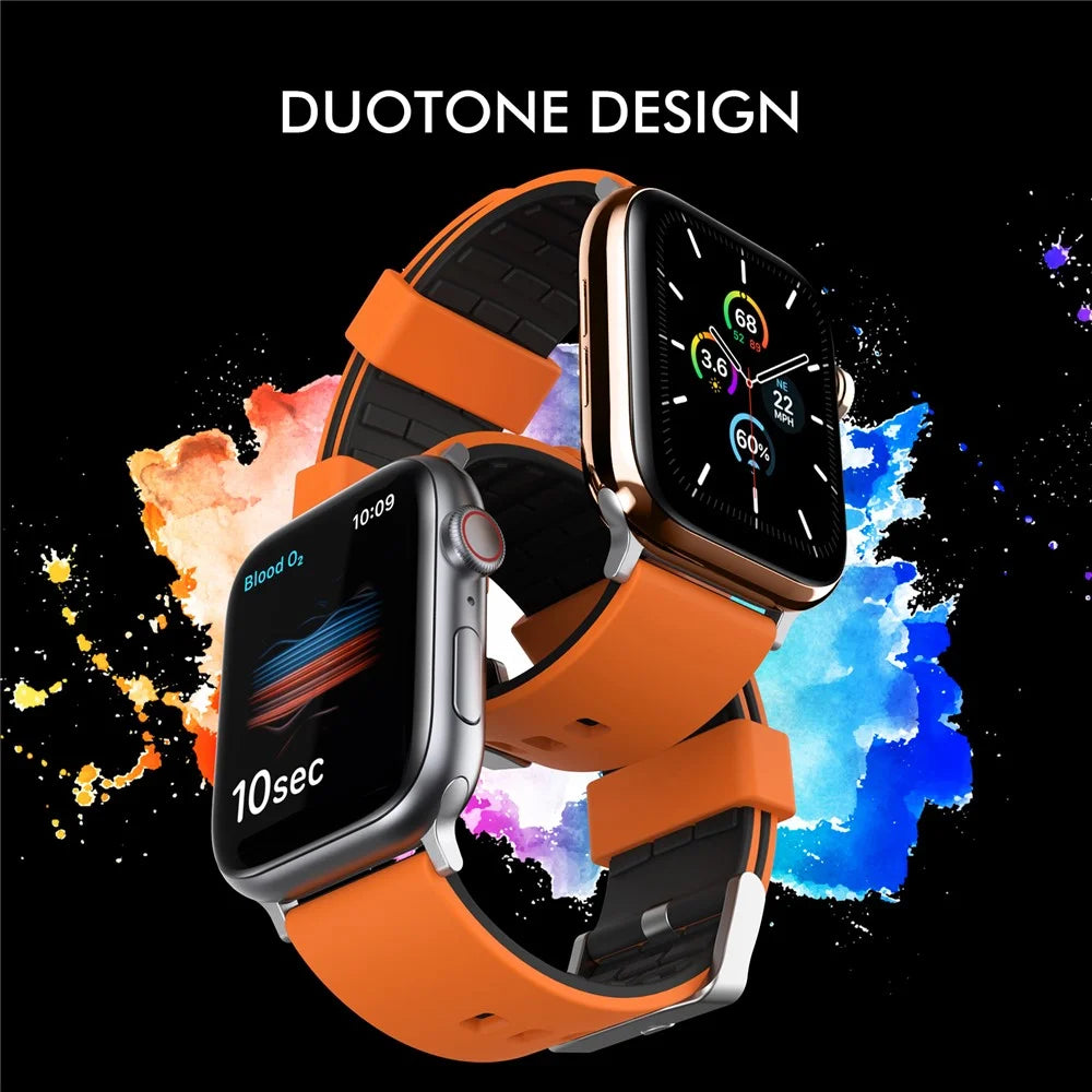 AHASTYLE WA11 Watch Band for Apple Watch Ultra 3 2 1 49mm / Series 11 10 46mm / 9 8 7 45mm / SE3 SE2 SE 6 5 4 44mm / 3 2 1 42mm Contrast Colors Silicone Strap - Black+Orange - 3