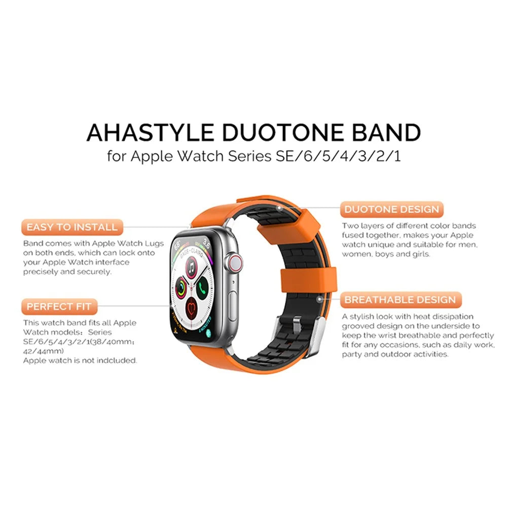 AHASTYLE WA11 Watch Band for Apple Watch Ultra 3 2 1 49mm / Series 11 10 46mm / 9 8 7 45mm / SE3 SE2 SE 6 5 4 44mm / 3 2 1 42mm Contrast Colors Silicone Strap - Black+Orange - 6