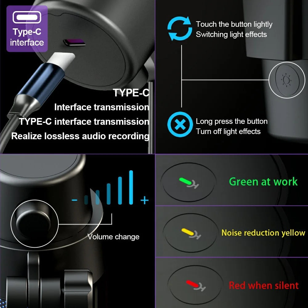 M8 Karaoke Conference Recording Desktop Microphone Professional Condenser Mic with RGB Light - 7