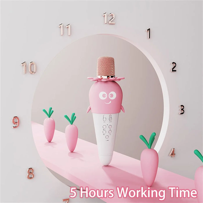 K5 Kids Bluetooth-compatible Microphone ABS+Silicone Carrot Shape Singing Mic, English Version - White+Pink - 4