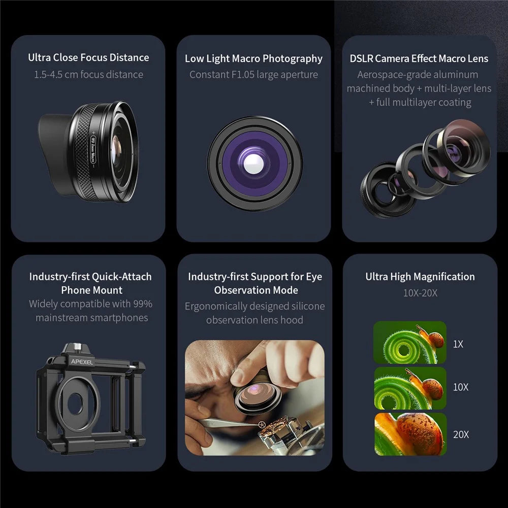 APEXEL APL-ZM100 F1.05 Large Aperture 10 - 20X Magnification Universal Macro Lens for Smartphones - 5
