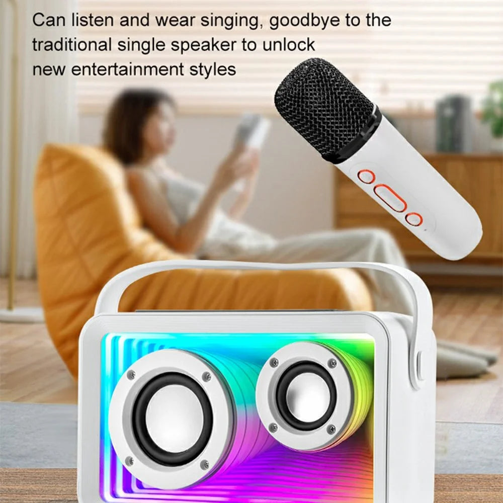Y15 RGB Lighting Outdoor Mini Bluetooth-Compatible Karaoke Speaker with 2 Microphones - White - 4