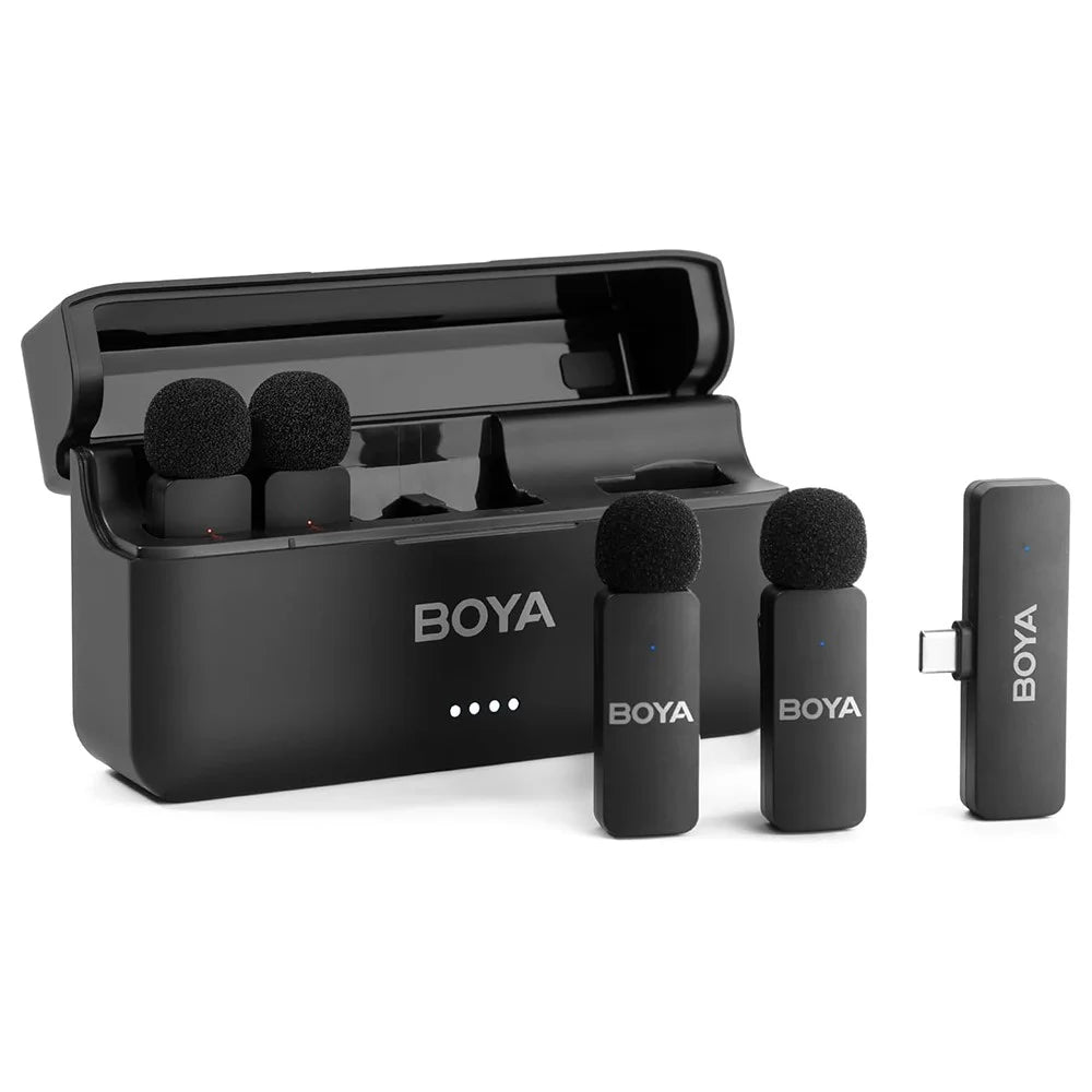 BOYA BY-V4U 4-Channel Wireless Lavalier Microphone System with Charging Case for iPhone 15 / 16 Series USB-C Smartphones - 1