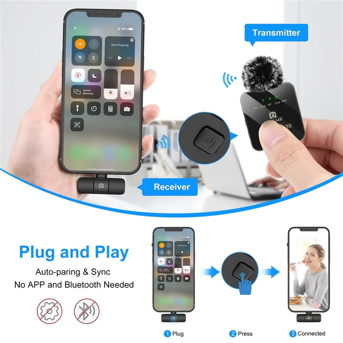 PULUZ PU645B Clip On Mic with 8 Pin Receiver 2.4G Low Latency ENC Noise Reduction Wireless Lavalier Microphone - 5