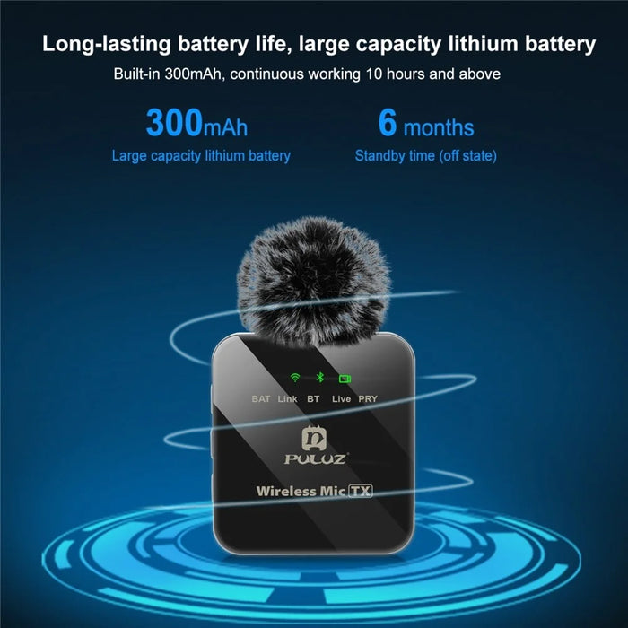 PULUZ PU645B Clip On Mic with 8 Pin Receiver 2.4G Low Latency ENC Noise Reduction Wireless Lavalier Microphone - 6