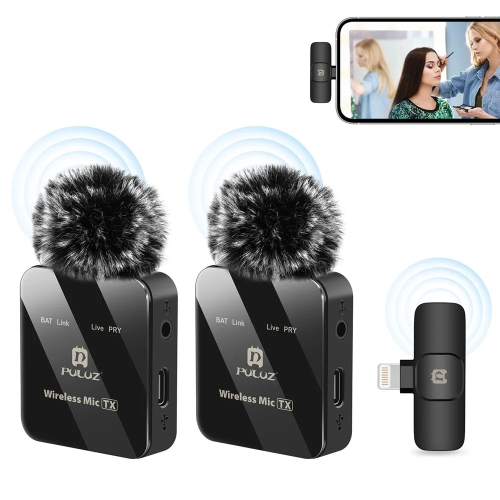 PULUZ PU647B Clip On Mic with 8 Pin Receiver Wireless Lavalier Microphone System, 2 Mic + 1 Receiver - 1