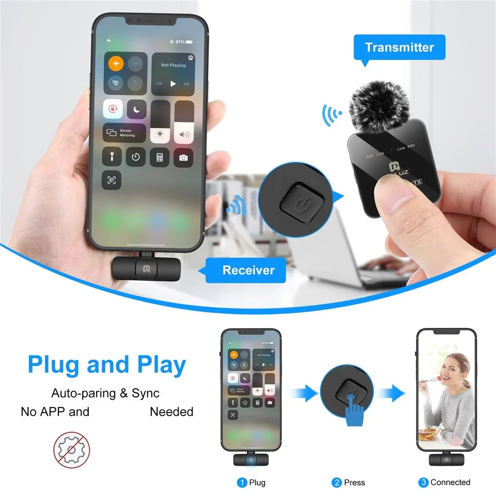PULUZ PU647B Clip On Mic with 8 Pin Receiver Wireless Lavalier Microphone System, 2 Mic + 1 Receiver - 5