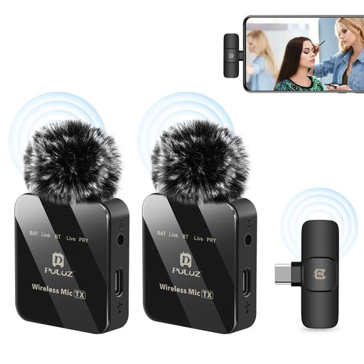 PULUZ PU648B Clip On Mic with Type C Receiver Wireless Lavalier Microphone System, 2 Mic + 1 Receiver - 1