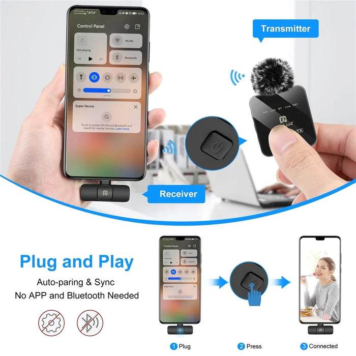 PULUZ PU648B Clip On Mic with Type C Receiver Wireless Lavalier Microphone System, 2 Mic + 1 Receiver - 5