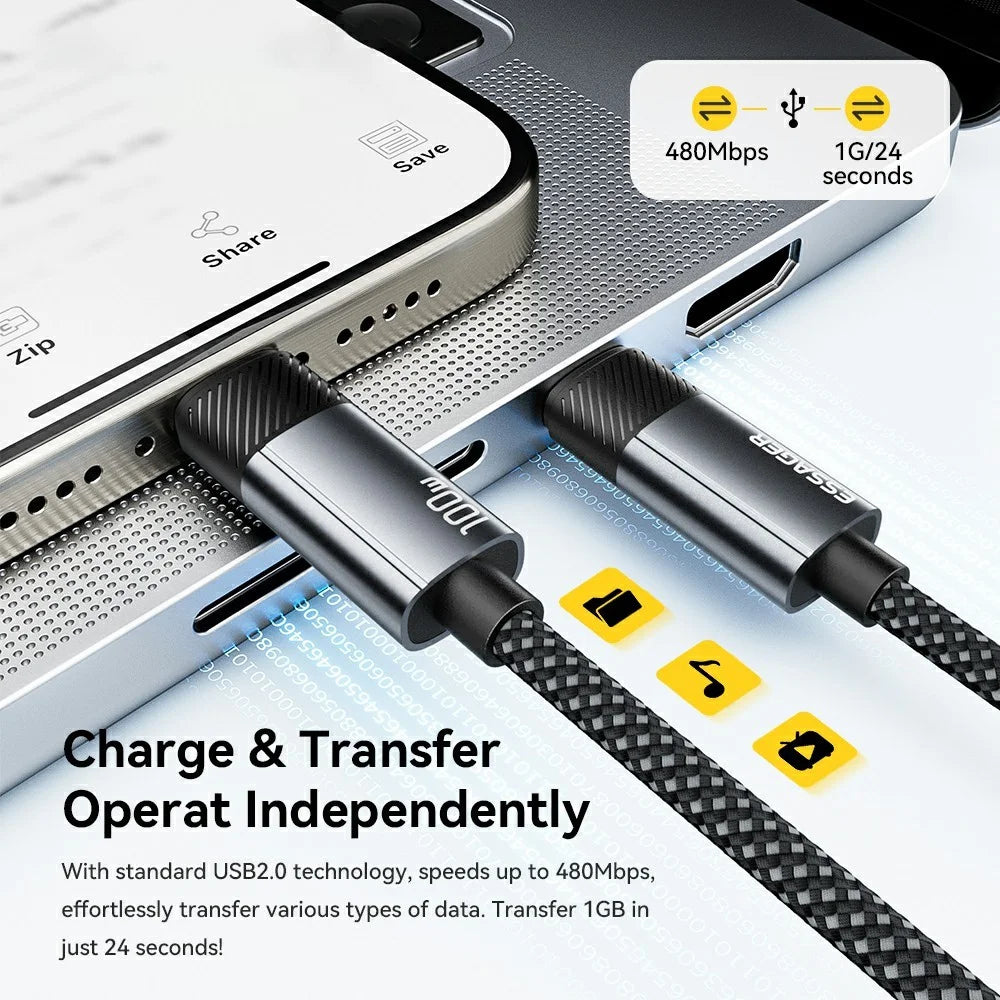 ESSAGER 2 in 1 3 Speeds Adjustable Massage USB-C to USB-C Data Cable 1.5m 100W Fast Charging Cord - 7