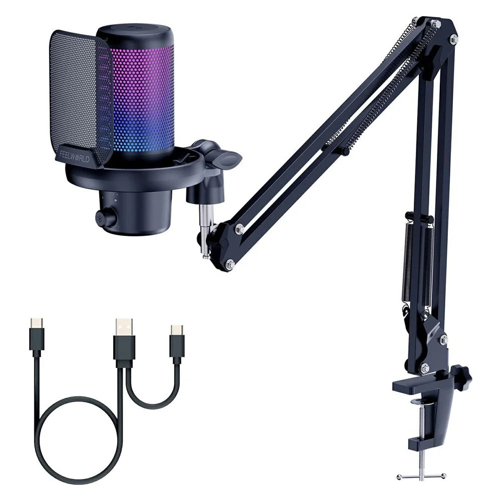 FEELWORLD VM1 USB Condenser Microphone Noise Cancellation PC Gaming Mic with Stand / RGB Light - Black - 1