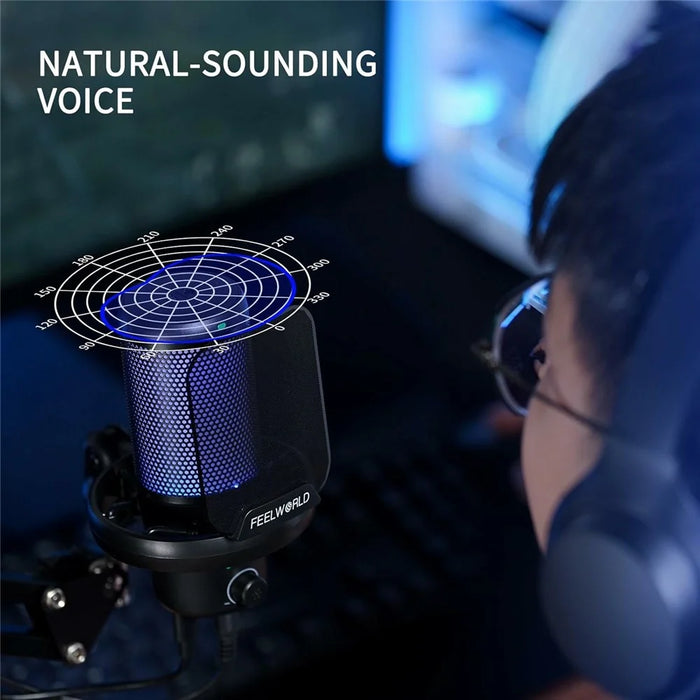 FEELWORLD VM1 USB Condenser Microphone Noise Cancellation PC Gaming Mic with Stand / RGB Light - Black - 2
