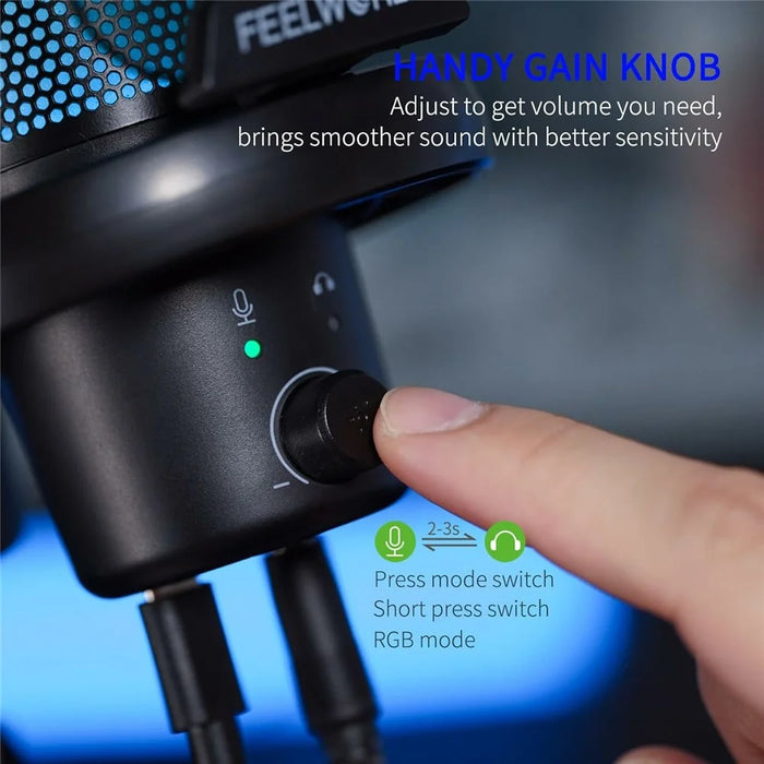 FEELWORLD VM1 USB Condenser Microphone Noise Cancellation PC Gaming Mic with Stand / RGB Light - Black - 4