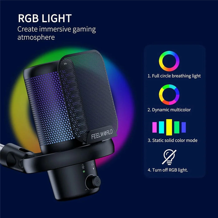 FEELWORLD VM1 USB Condenser Microphone Noise Cancellation PC Gaming Mic with Stand / RGB Light - Black - 5