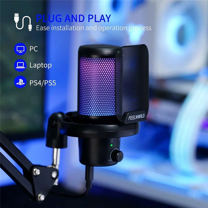 FEELWORLD VM1 USB Condenser Microphone Noise Cancellation PC Gaming Mic with Stand / RGB Light - Black - 6
