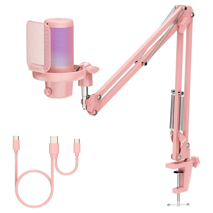 FEELWORLD VM1-AS-P USB Gaming Microphone Noise Cancellation RGB Light Condenser Mic with Boom Arm Stand - Pink - 1