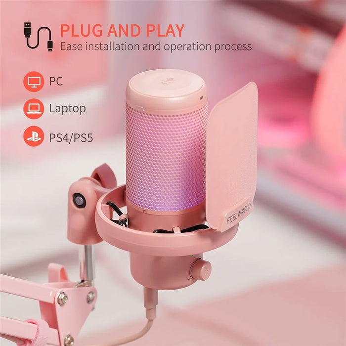 FEELWORLD VM1-AS-P USB Gaming Microphone Noise Cancellation RGB Light Condenser Mic with Boom Arm Stand - Pink - 4
