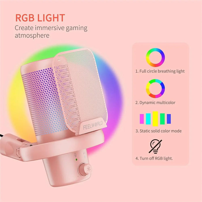 FEELWORLD VM1-AS-P USB Gaming Microphone Noise Cancellation RGB Light Condenser Mic with Boom Arm Stand - Pink - 5