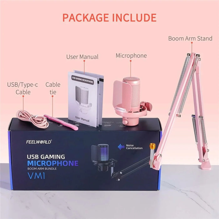 FEELWORLD VM1-AS-P USB Gaming Microphone Noise Cancellation RGB Light Condenser Mic with Boom Arm Stand - Pink - 7