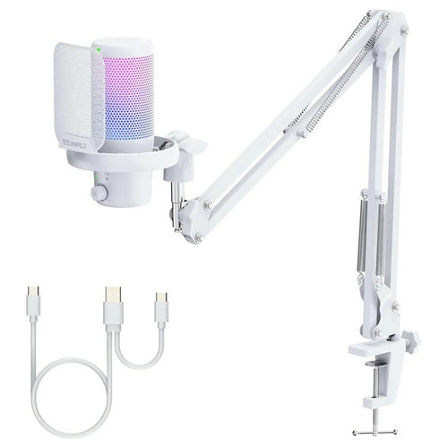 FEELWORLD VM1-AS-W USB Gaming Microphone Noise Reduction RGB Lighting Mic for Live Streaming - White - 1