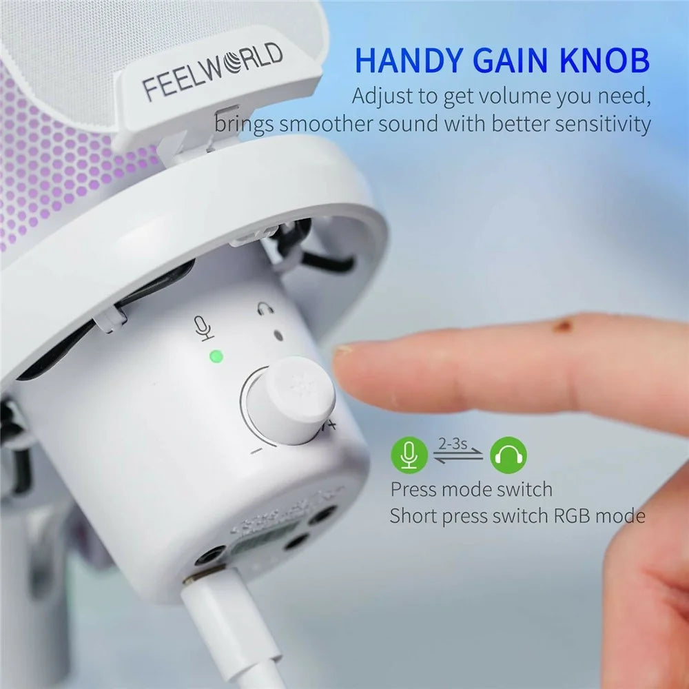FEELWORLD VM1-AS-W USB Gaming Microphone Noise Reduction RGB Lighting Mic for Live Streaming - White - 2