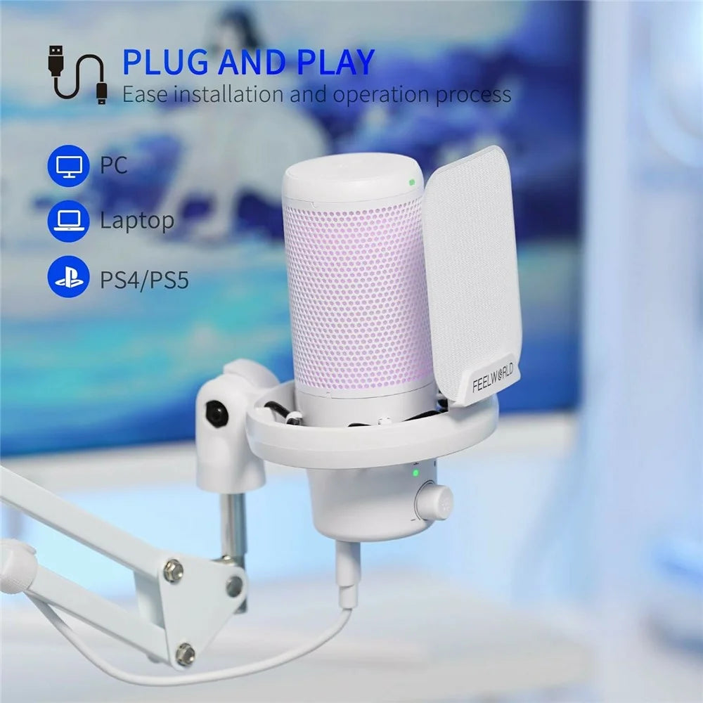FEELWORLD VM1-AS-W USB Gaming Microphone Noise Reduction RGB Lighting Mic for Live Streaming - White - 4