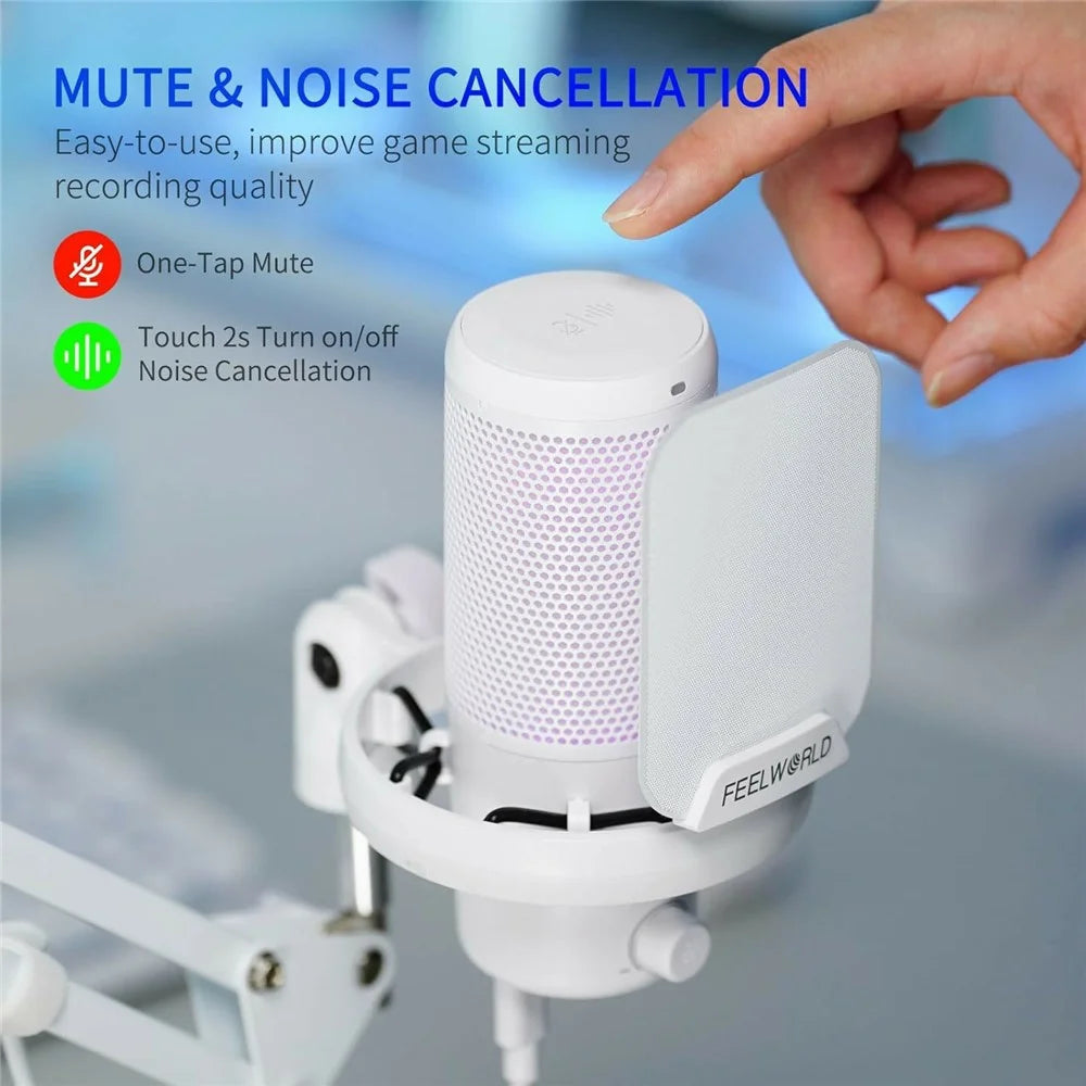 FEELWORLD VM1-AS-W USB Gaming Microphone Noise Reduction RGB Lighting Mic for Live Streaming - White - 5