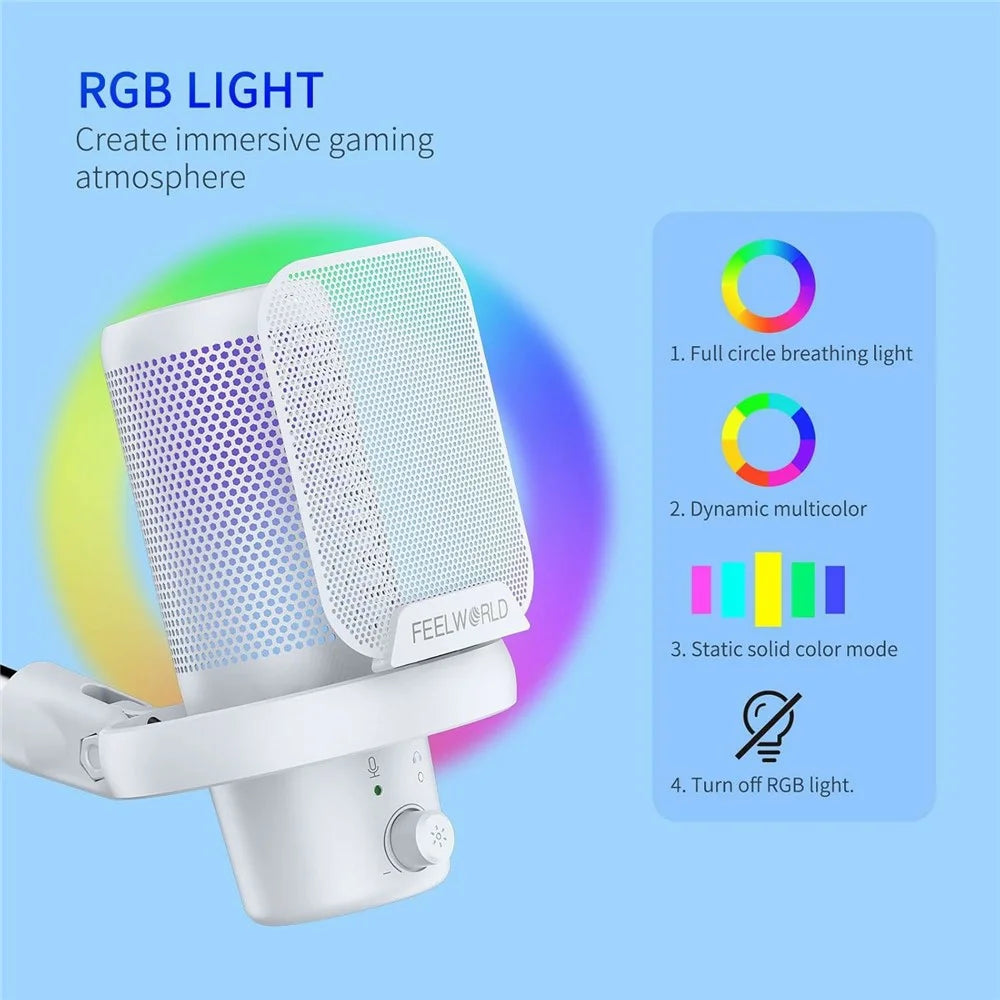 FEELWORLD VM1-AS-W USB Gaming Microphone Noise Reduction RGB Lighting Mic for Live Streaming - White - 6