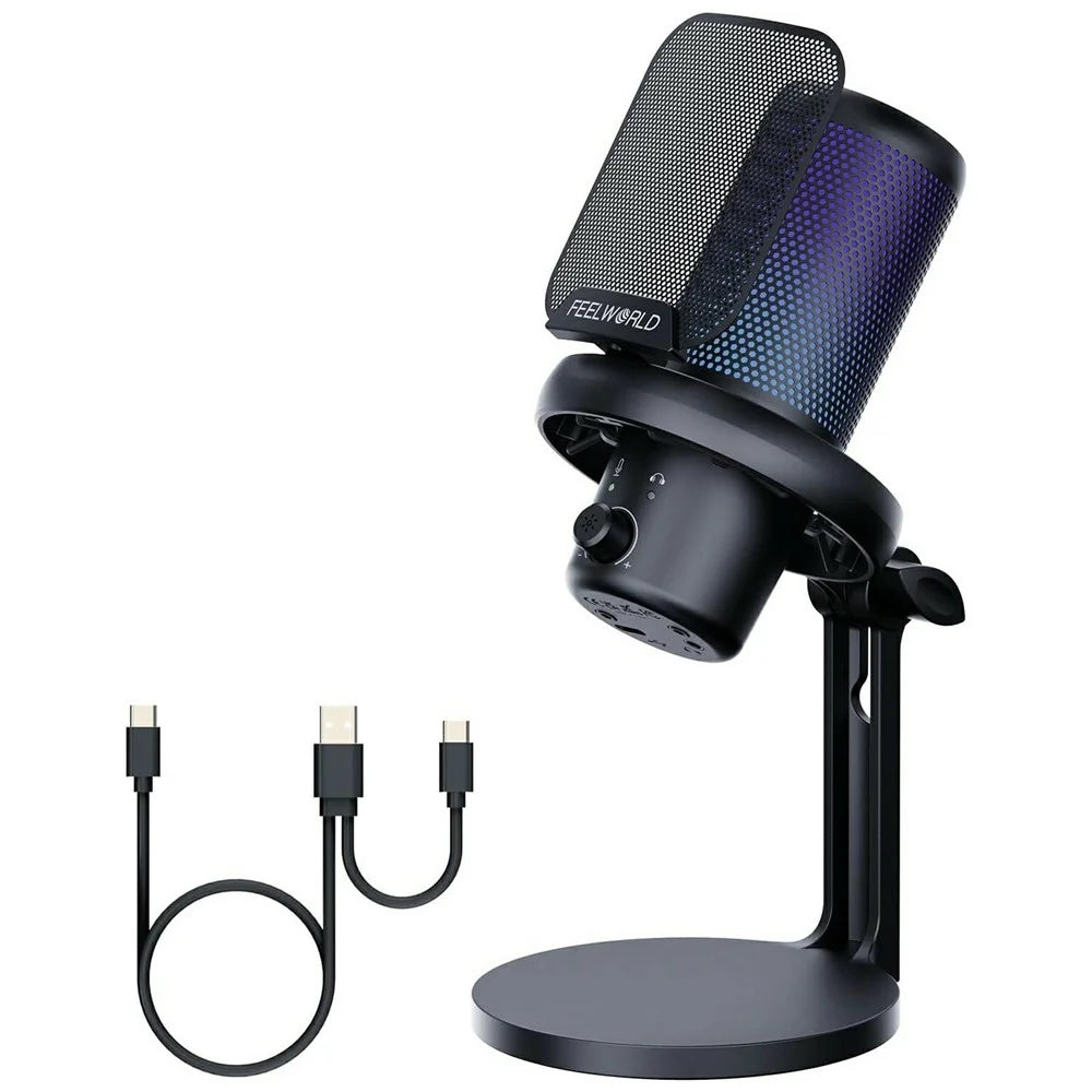 FEELWORLD VM1-XS USB Gaming Microphone Condenser Cardioid Pickup Mic with RGB Light Desktop Stand - Black - 1