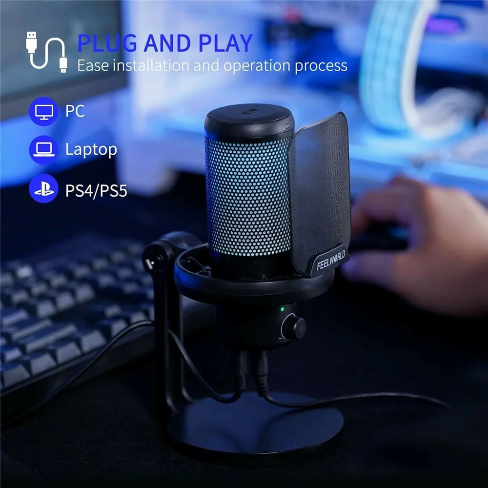 FEELWORLD VM1-XS USB Gaming Microphone Condenser Cardioid Pickup Mic with RGB Light Desktop Stand - Black - 3