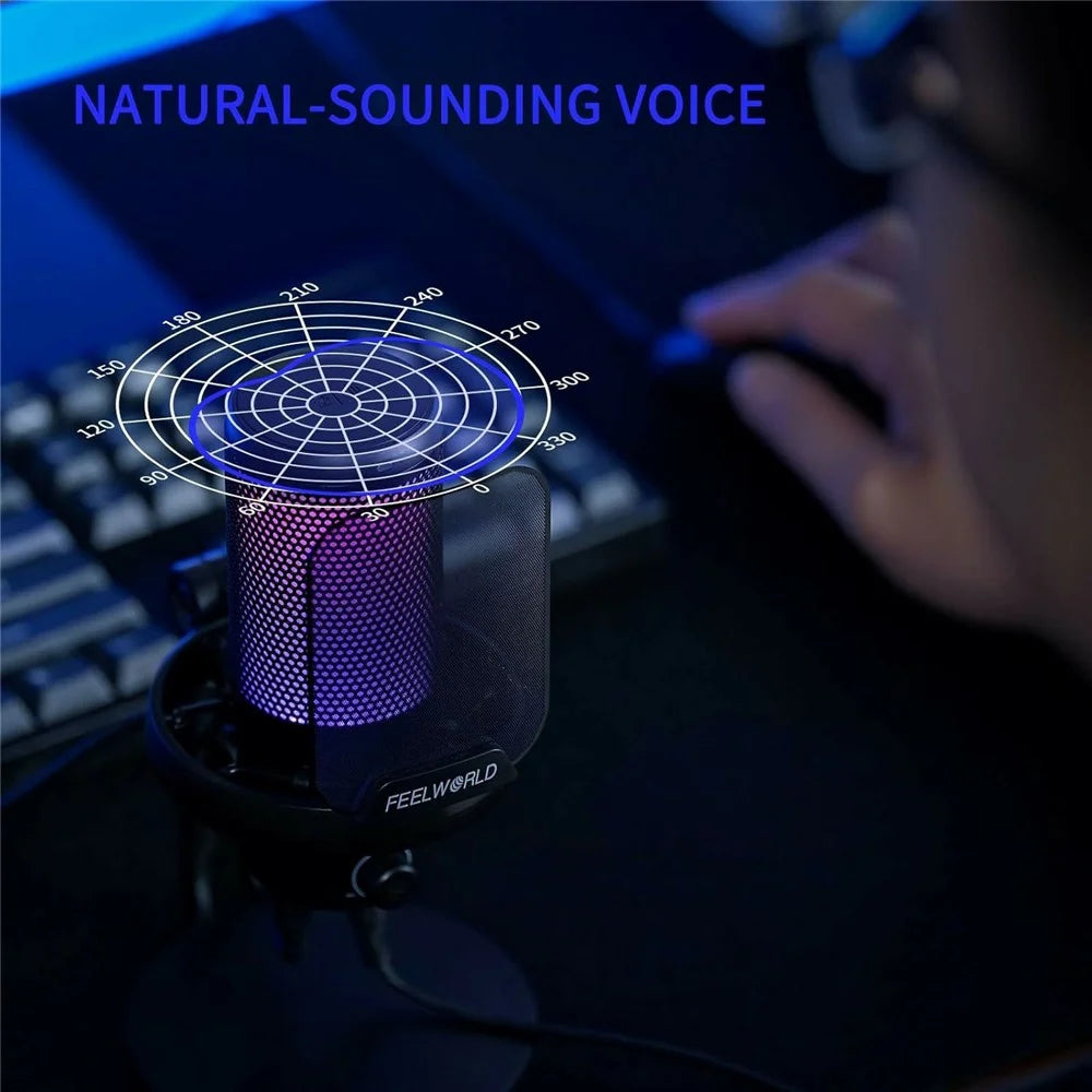 FEELWORLD VM1-XS USB Gaming Microphone Condenser Cardioid Pickup Mic with RGB Light Desktop Stand - Black - 4