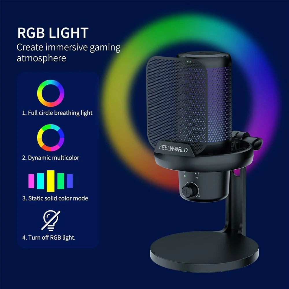 FEELWORLD VM1-XS USB Gaming Microphone Condenser Cardioid Pickup Mic with RGB Light Desktop Stand - Black - 5