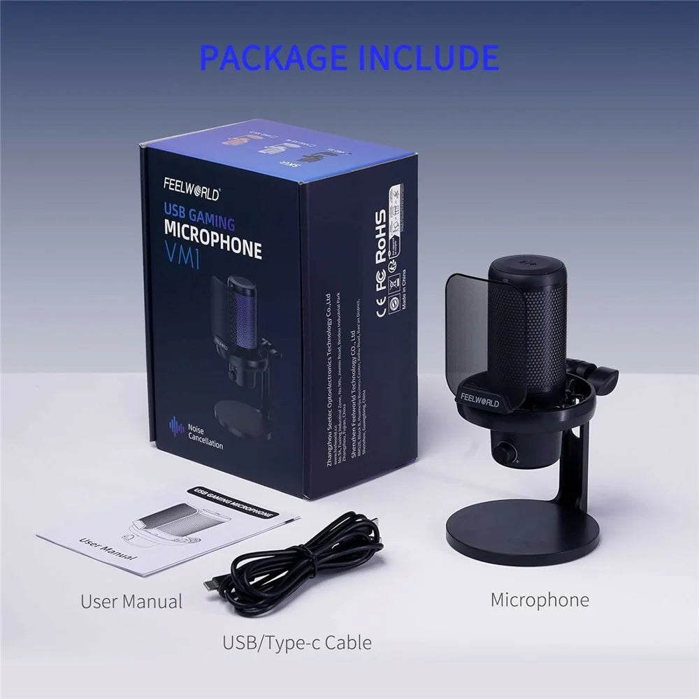 FEELWORLD VM1-XS USB Gaming Microphone Condenser Cardioid Pickup Mic with RGB Light Desktop Stand - Black - 7